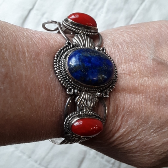 .925 Genuine Lapis Lazuli CUFF BRACELET - Picture 2 of 5